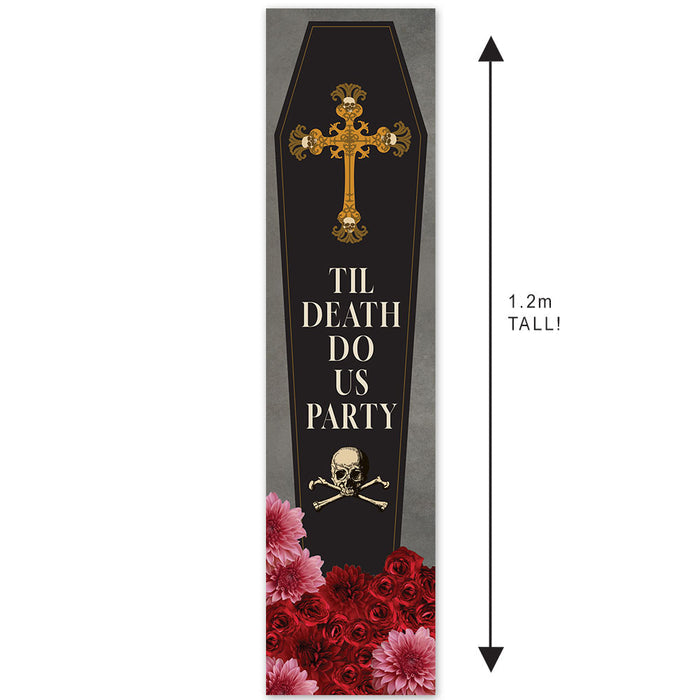 Decorative coffin-shaped sign with a gold cross, skull, and roses, featuring the text 'Til Death Do Us Party'.