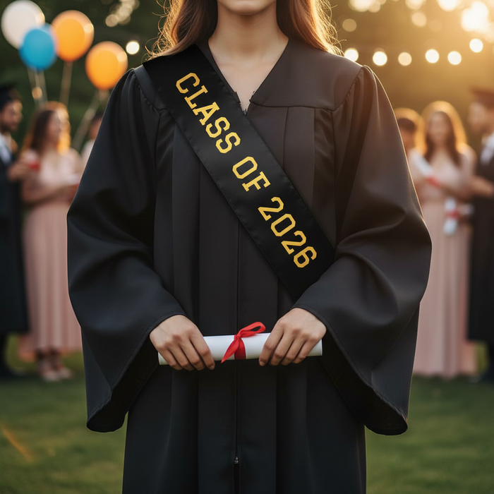 Class of 2026 Sash on Female Graduate