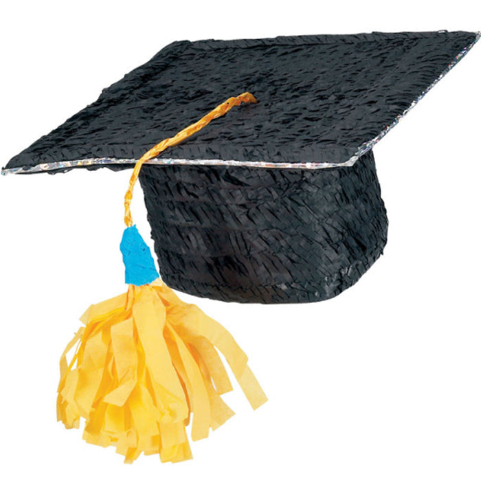A piñata designed to look like a graduation mortarboard hat with a black body, gold trim, and a yellow tassel.