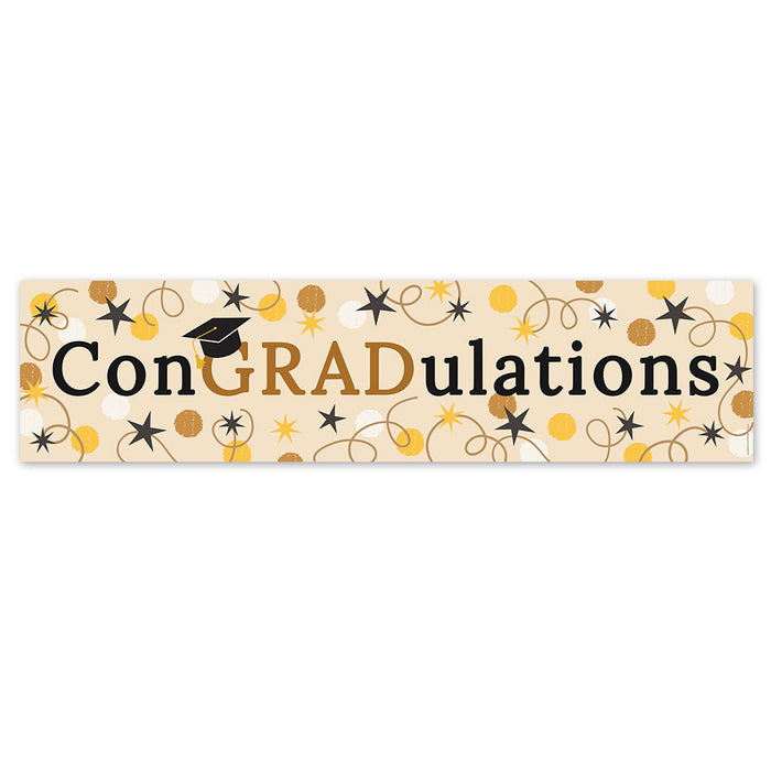 Decorative banner with 'ConGRADulations' text and graduation cap on a beige background