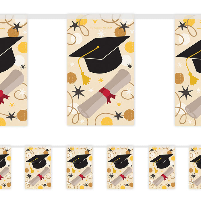 Graduation-themed decorative banner with caps, diplomas, and stars on a beige background.