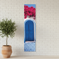 Greek Blue Door Banner on White Brick Wall with Terracotta Pot
