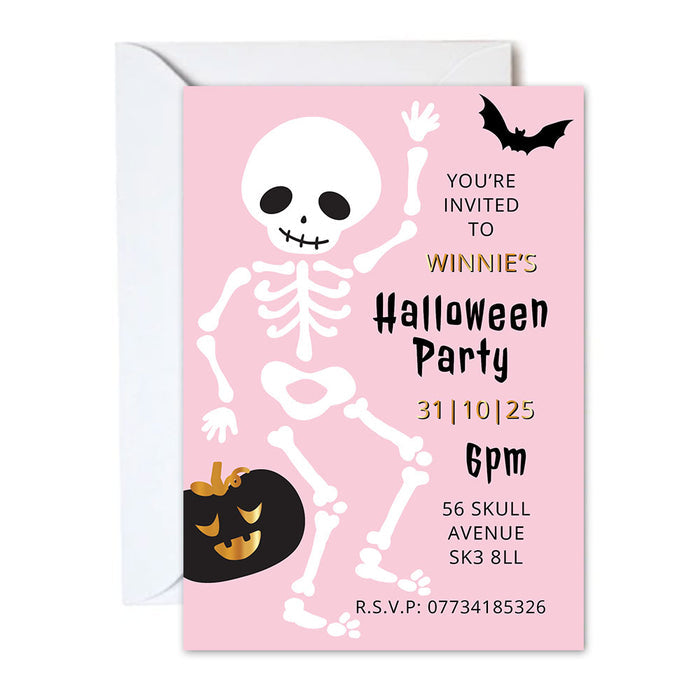 Halloween party invitation with skeleton design on pink background