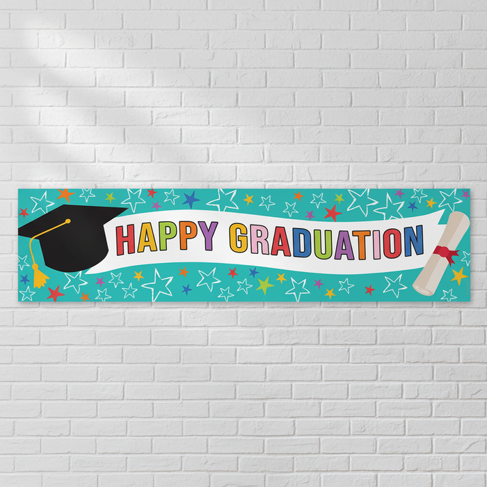Happy Graduation Banner on White Brick Wall