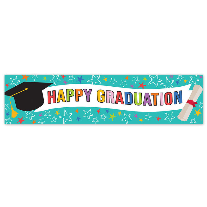 Graduation-themed banner with 'Happy Graduation' text, graduation cap, and diploma on a blue background.