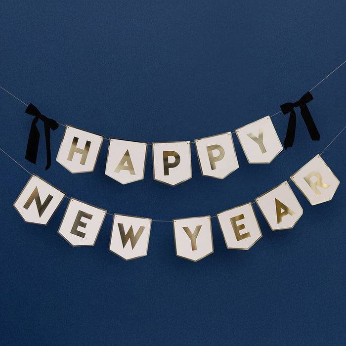 Happy New Year Banner With Black Velvet Bows - 2m