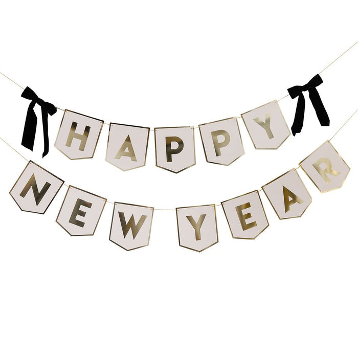 Happy New Year Banner With Black Velvet Bows - 2m
