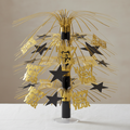 Close-up Happy New Year centrepiece on a white-clothed table