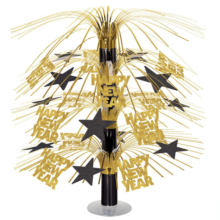 A decorative centrepiece with metallic gold and black stars forming a burst shape, with 'HAPPY NEW YEAR' text included.