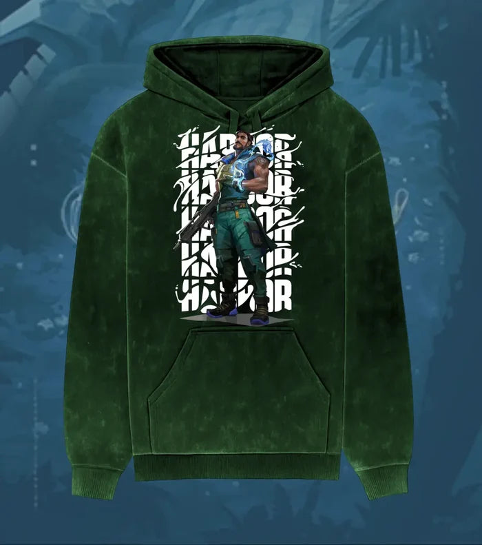 Harbor – Tidal Force Valorant Acid Wash Hoodie | Premium Gamer Streetwear - Bottle Green / XS - Valorant