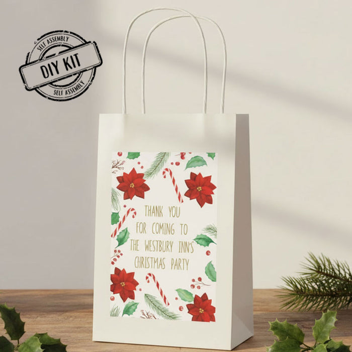 Holly & Poinsettia Christmas Personalised Paper Party Bags - Pack of 12