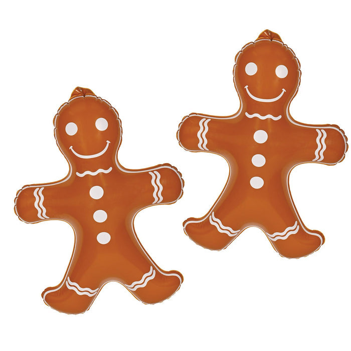 Two inflatable gingerbread men decorations, one standing at 18 inches and the other at 24 inches, both with a smiling face and decorated with white icing.