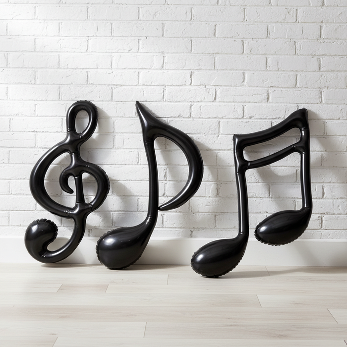 Inflatable Musical Notes Against White Brick Wall