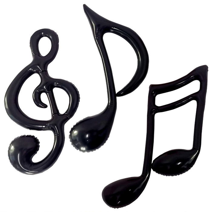 Three black inflatable musical notes of varying sizes arranged against a white background.