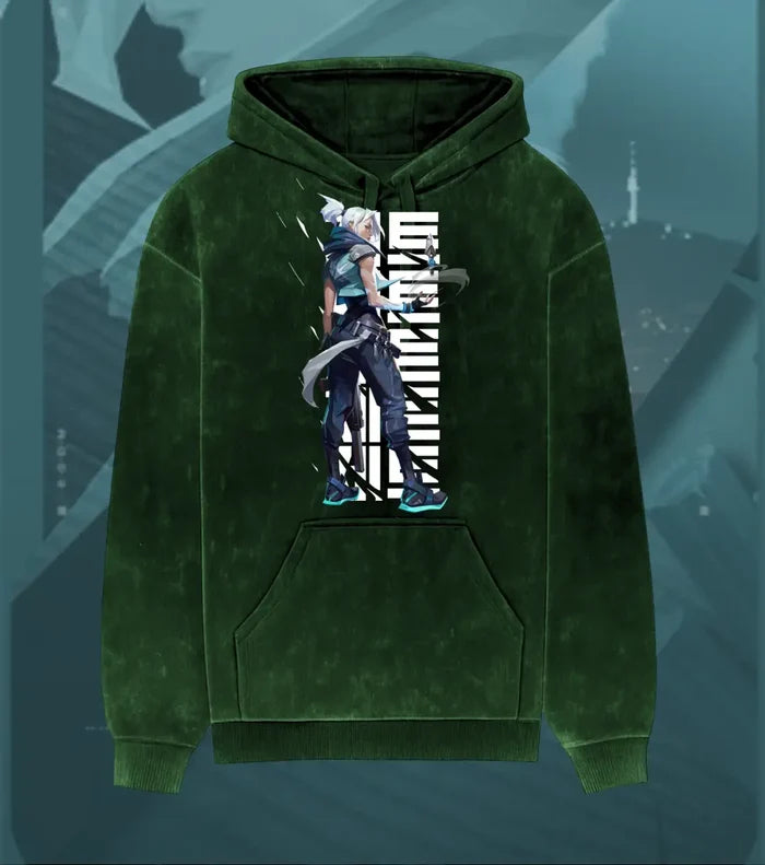 Jett – Stormchaser Valorant Acid Wash Hoodie | Premium Gamer Streetwear - Bottle Green / XS - Valorant