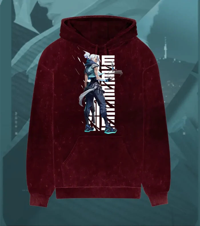Jett – Stormchaser Valorant Acid Wash Hoodie | Premium Gamer Streetwear - Maroon / XS - Valorant