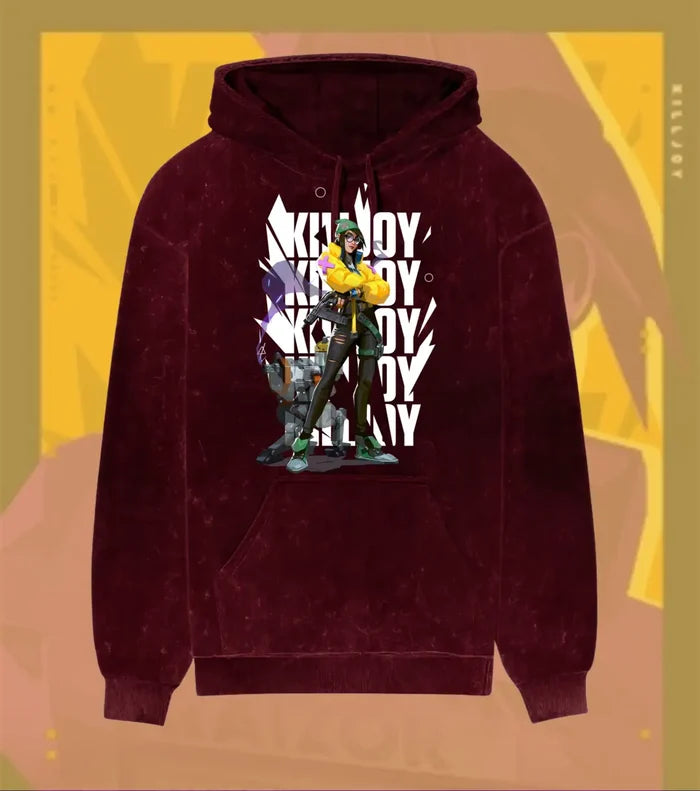 Killjoy – Tech Genius Valorant Acid Wash Hoodie | Premium Gamer Streetwear - Maroon / XS - Valorant