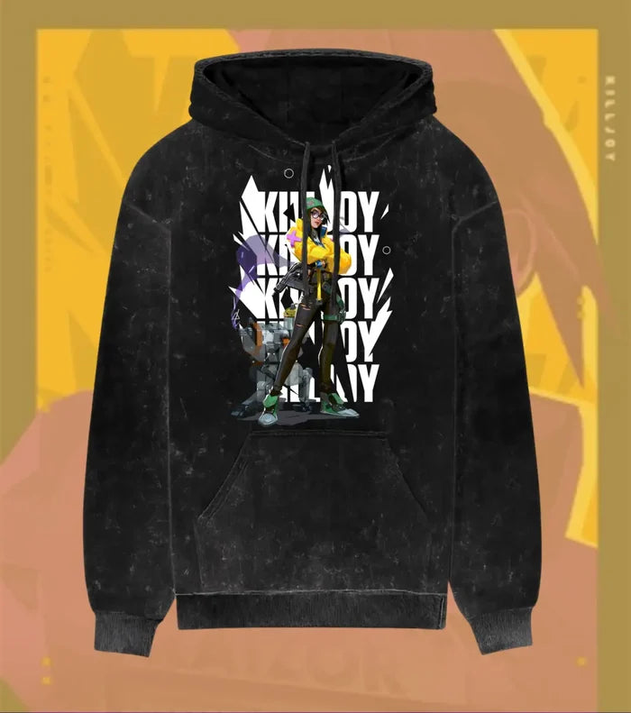 Killjoy – Tech Genius Valorant Acid Wash Hoodie | Premium Gamer Streetwear - Black / XS - Valorant