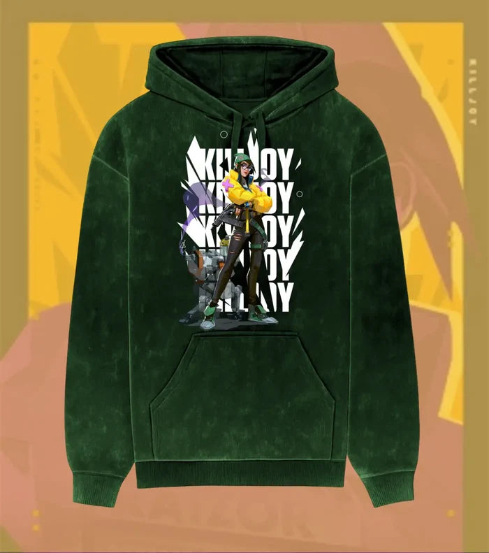 Killjoy – Tech Genius Valorant Acid Wash Hoodie | Premium Gamer Streetwear - Bottle Green / XS - Valorant
