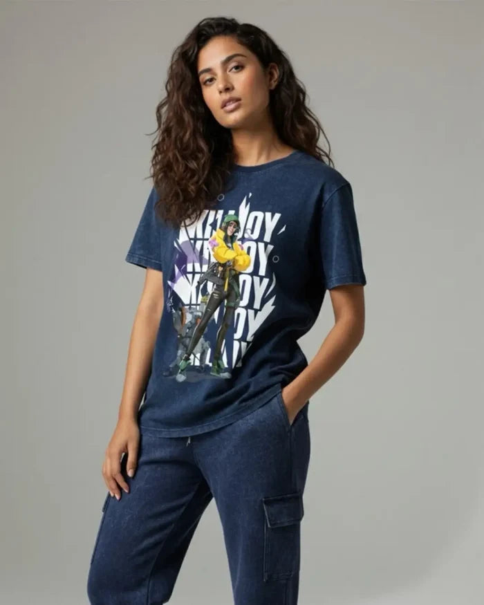 Killjoy – Tech Genius Valorant Acid Wash Tee | Bold Gamer Streetwear - Navy / XS - Valorant