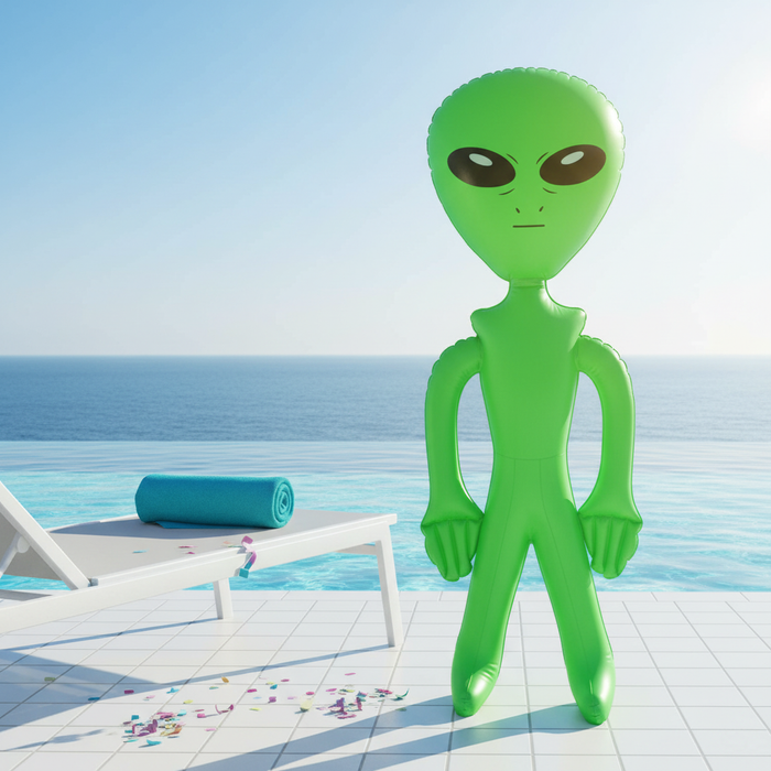 Giant Green Inflatable Alien Centred at Poolside No People