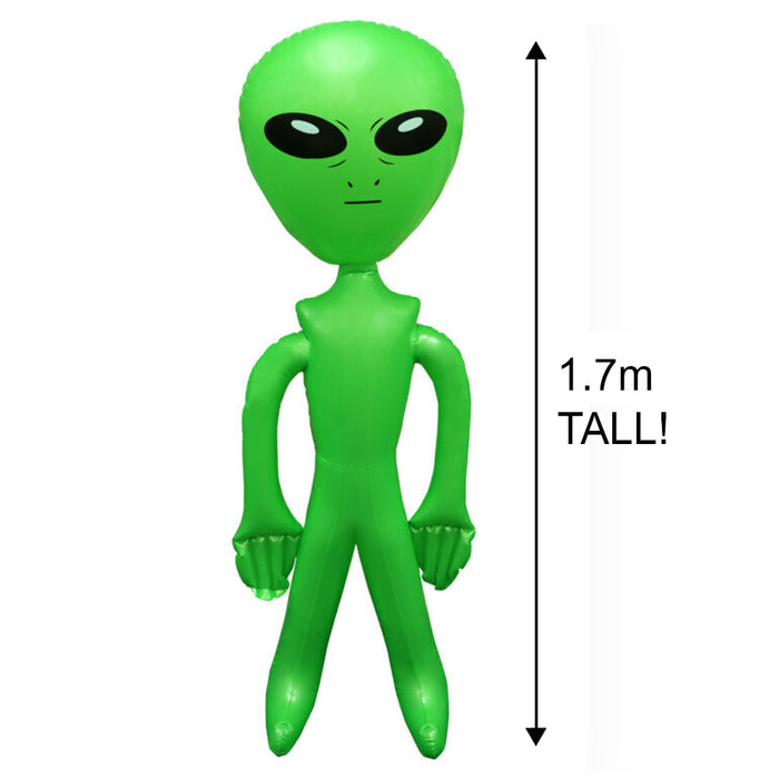 A green inflatable alien decoration that is 1.7 meters tall, designed with classic extraterrestrial features for party or event decoration.