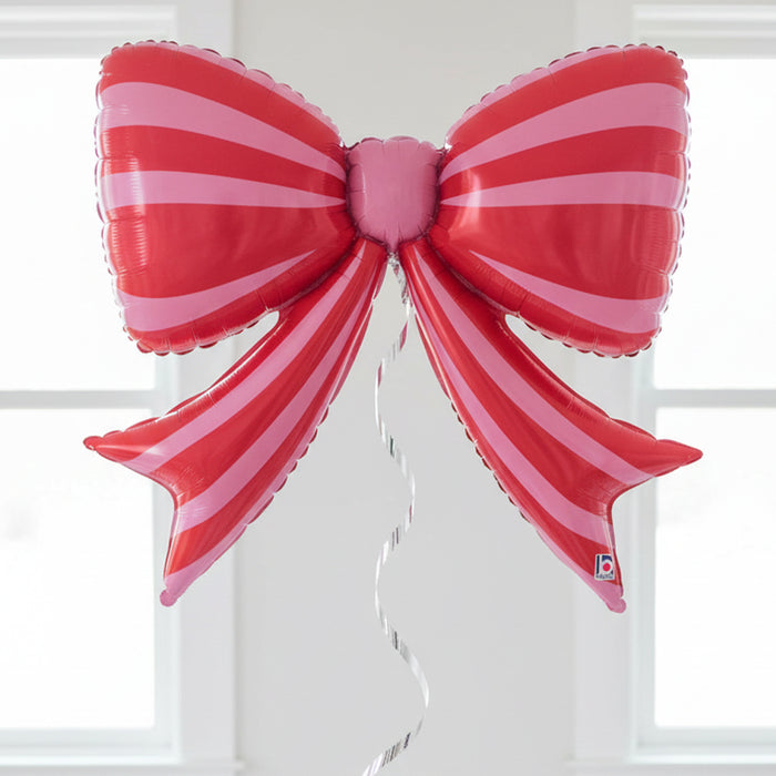 Large Red and Pink Stripe Bow Foil Balloon - 44"