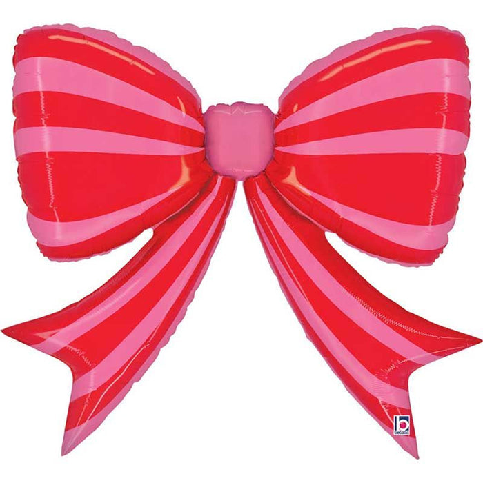 Large Red and Pink Stripe Bow Foil Balloon - 44"