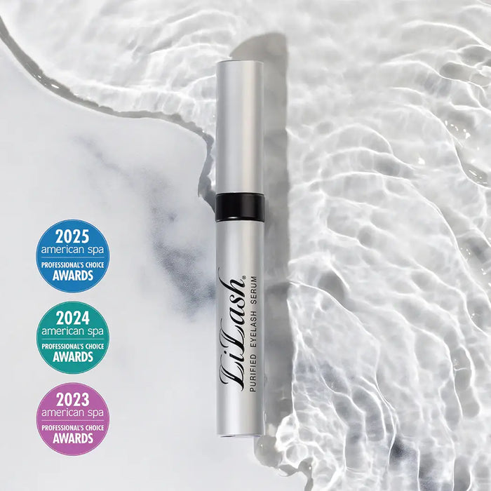 LiLash Purified Eyelash Serum with 2023-2025 American Spa Awards, set on marble and water texture