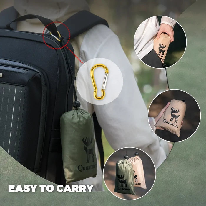 Backpack with a carabiner and small bags, featuring the Qumara brand.