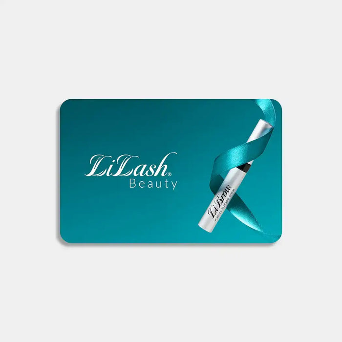 LiLash Beauty gift card with LiBrow serum and teal ribbon for lash and brow enhancement