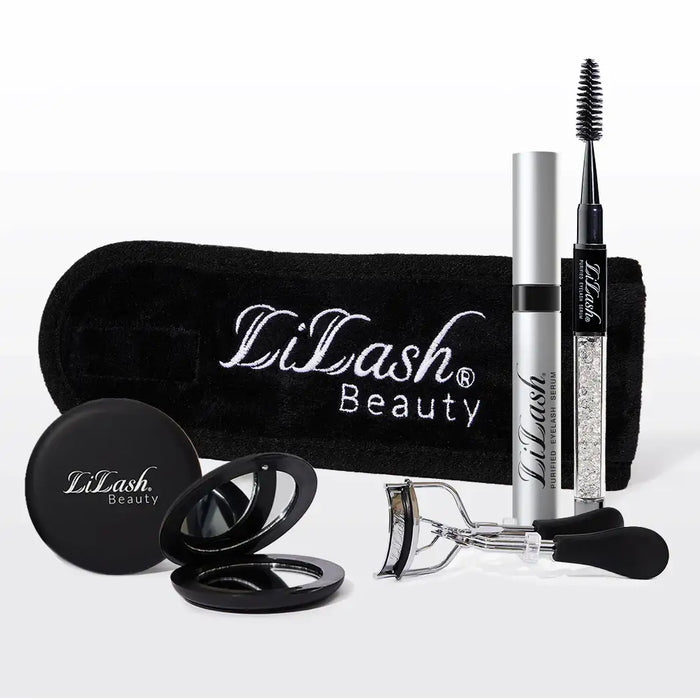 LiLash Beauty lash serum kit with eyelash curler, mirror, and travel case for longer, fuller lashes