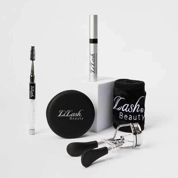 LiLash Beauty lash serum, brow gel, eyelash curler, and branded towel for fuller lashes and defined brows