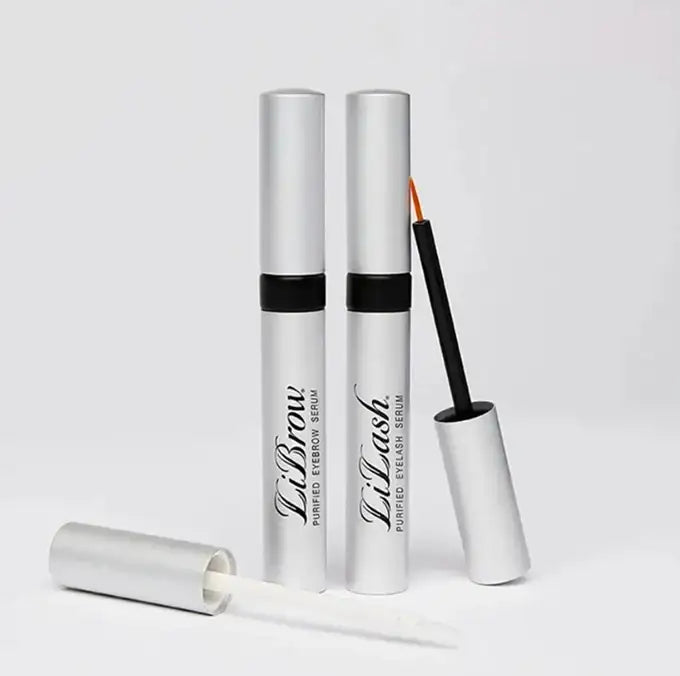 LiBrow purified eyebrow serum and LiLash purified eyelash serum in silver tubes.