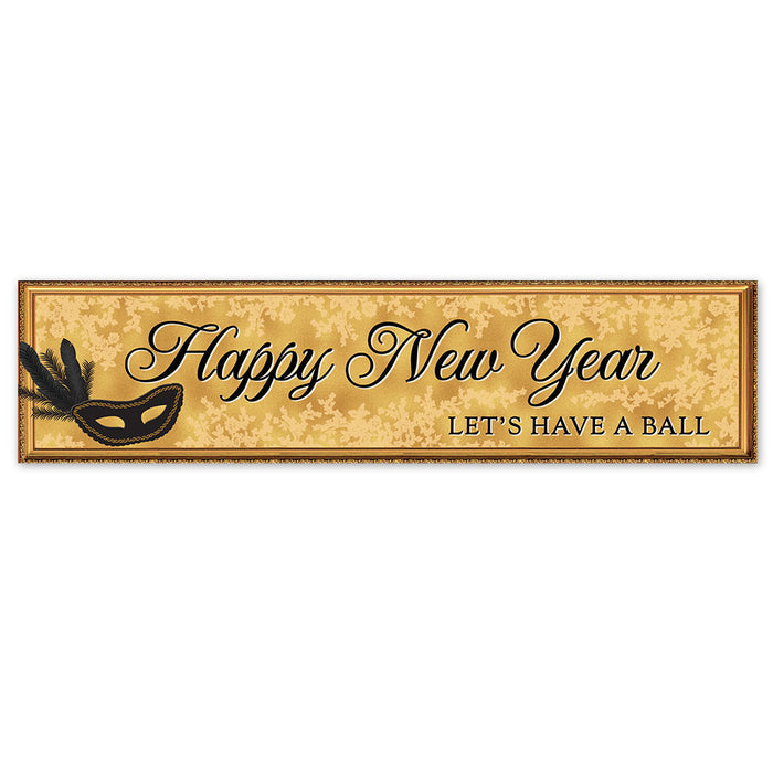 Decorative sign with 'Happy New Year, Let's Have a Ball' text and a mask design on a gold background.