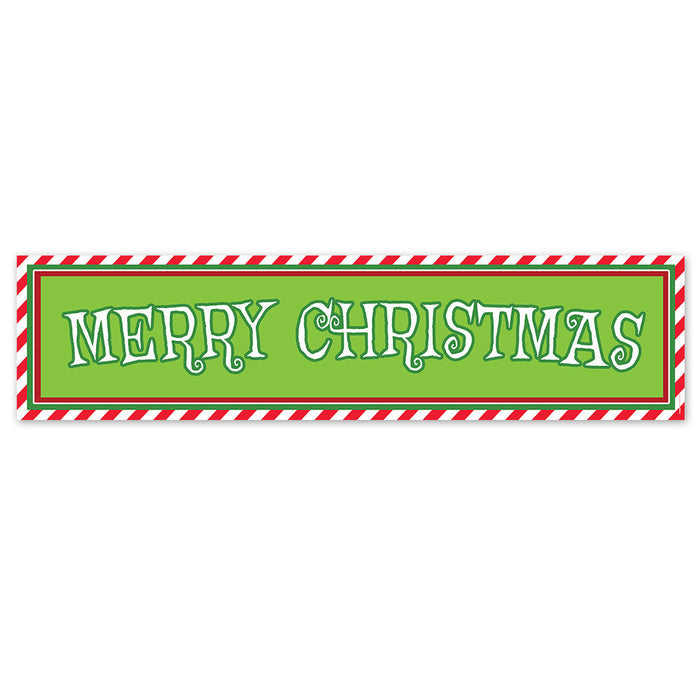 Merry Christmas text on a green background with red and white striped border