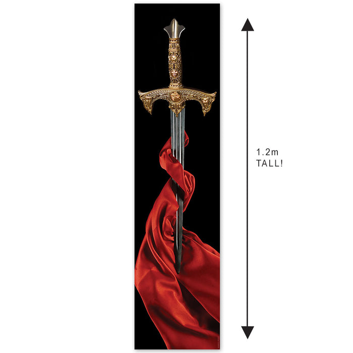 Decorative sword with gold hilt and red fabric on a black background, labeled as 1.2m tall.