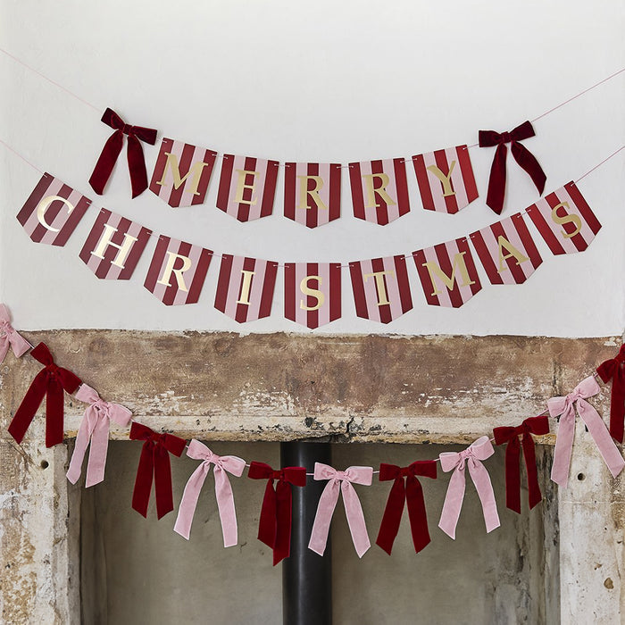 Merry Christmas Pink & Burgundy Stripe Banner With Velvet Bows - 2m