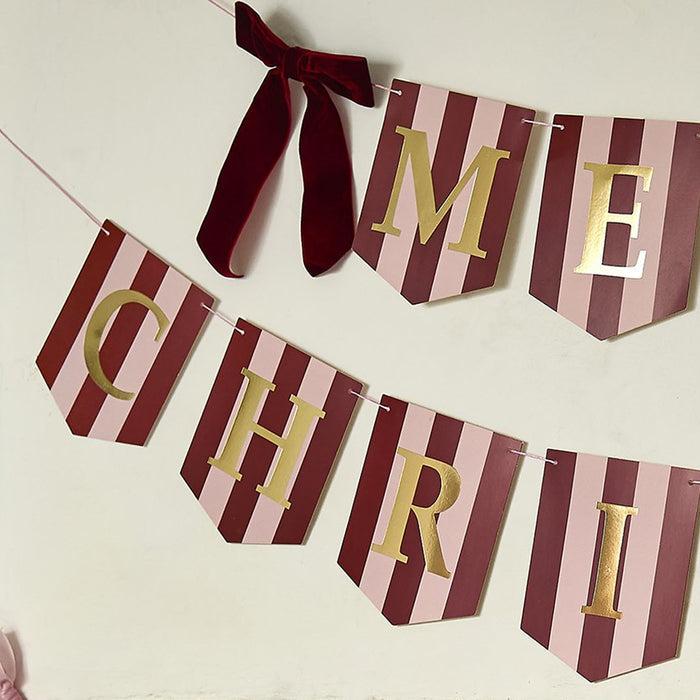 Merry Christmas Pink & Burgundy Stripe Banner With Velvet Bows - 2m