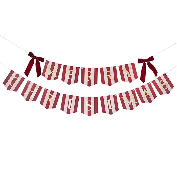 Merry Christmas Pink & Burgundy Stripe Banner With Velvet Bows - 2m