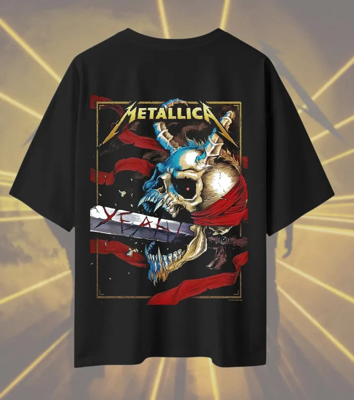 Metallica Demon Skull Graphic T-Shirt | Heavy Metal Skull & Sword Rock Band Tee | Premium Cotton Unisex Oversized