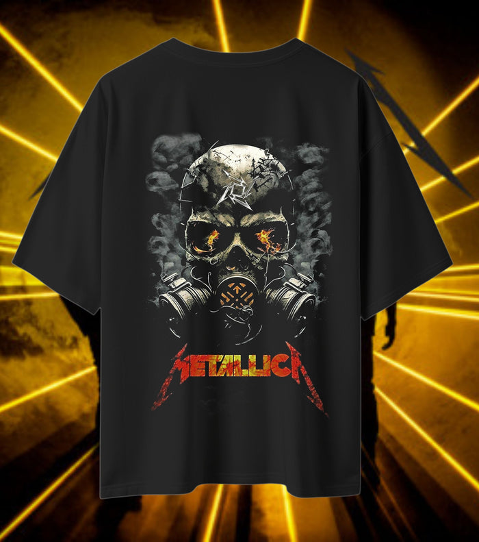 Metallica Gas Mask Skull Graphic T-Shirt | Distressed Heavy Metal Artwork | Premium Cotton Unisex Oversized T-Shirt | Black