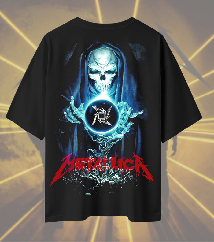 Metallica Grim Reaper Graphic T-Shirt | Skull & Crystal Orb Artwork | Premium Cotton Unisex Oversized T-Shirt | Black