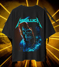 Metallica Neon Skull Graphic T-Shirt | Blue Holographic Skull Artwork | Premium Cotton Unisex Oversized T-Shirt | Black