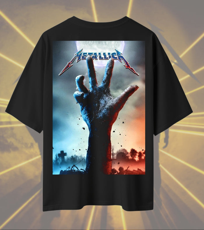 Metallica Raised Hand Graphic T-Shirt | Dramatic Rock Concert Artwork | Premium Cotton Unisex Oversized T-Shirt | Black