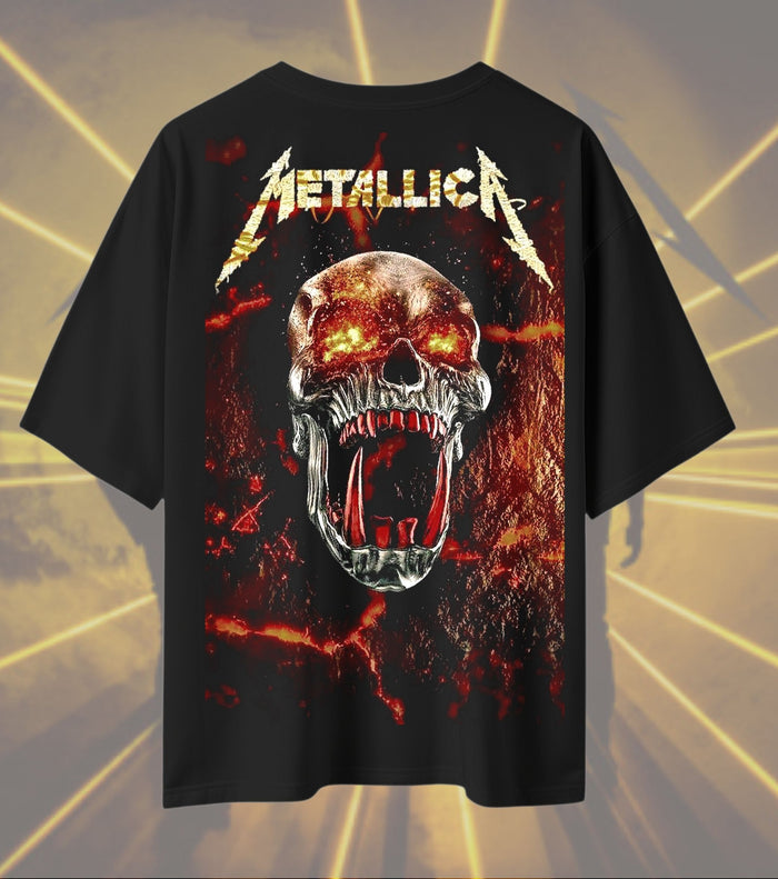 Metallica Screaming Skull Graphic T-Shirt | Fiery Horror Artwork | Premium Cotton Unisex Oversized T-Shirt | Black