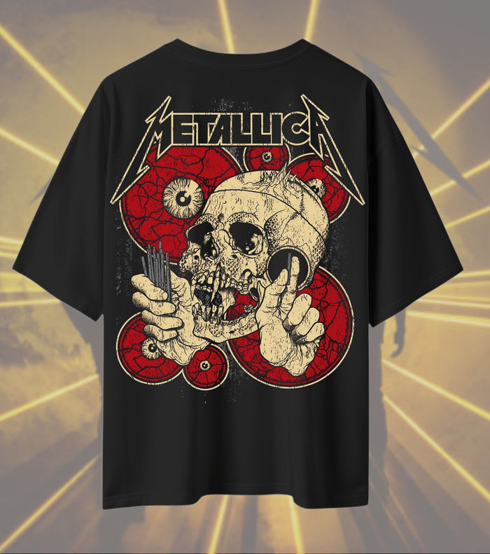Metallica Skull & Eyes Graphic T-Shirt | Distressed Horror Collage Artwork | Premium Cotton Unisex Oversized T-Shirt | Black