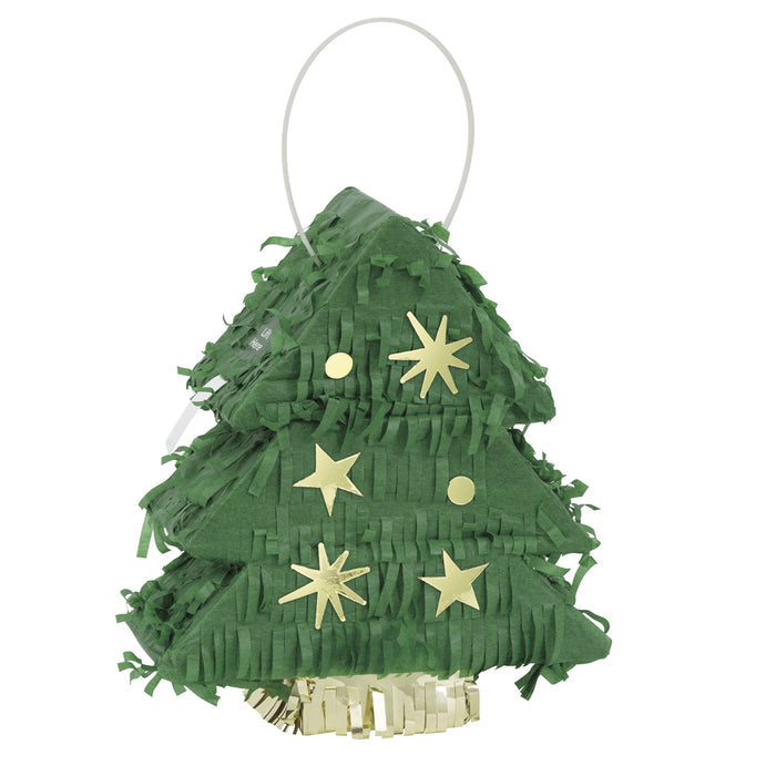 A green Christmas tree-shaped pinata with gold stars and a gold base, hanging by a string.