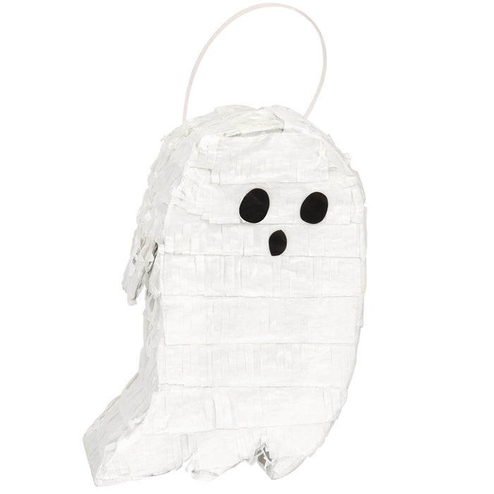 A white ghost-shaped pinata with black eyes, designed for Halloween celebrations.