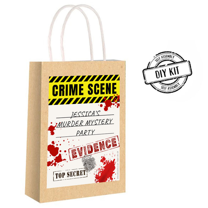 Kraft paper bag with 'Crime Scene' and 'Murder Mystery Party' text, featuring a 'DIY Kit' label.